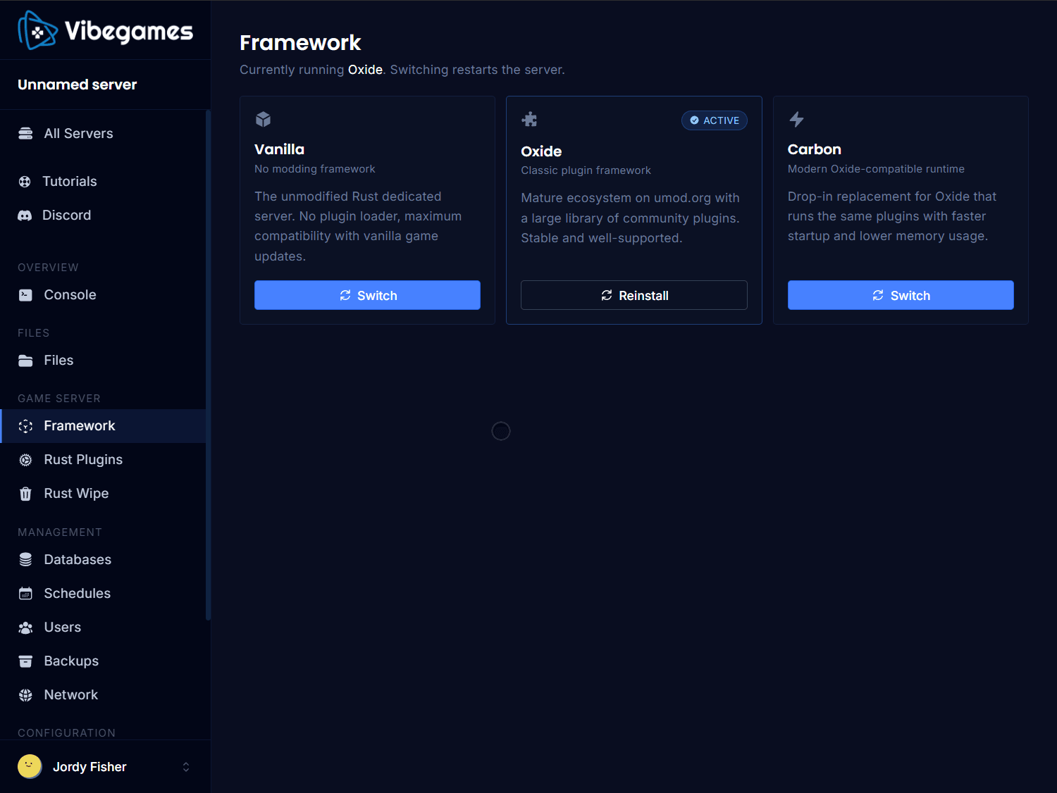 Switch between Vanilla, Oxide and Carbon frameworks from the VibeGAMES control panel