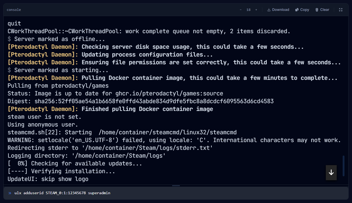 The console with the ulx adduserid command