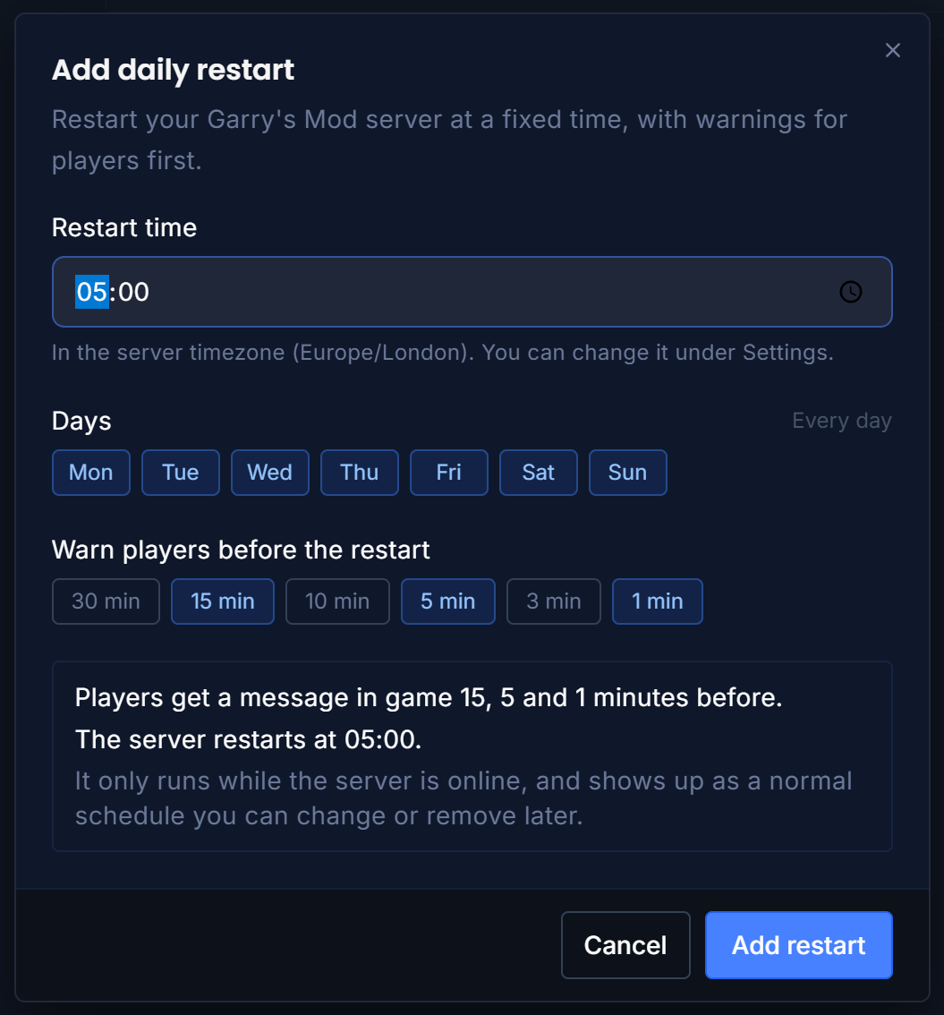The Add daily restart dialog