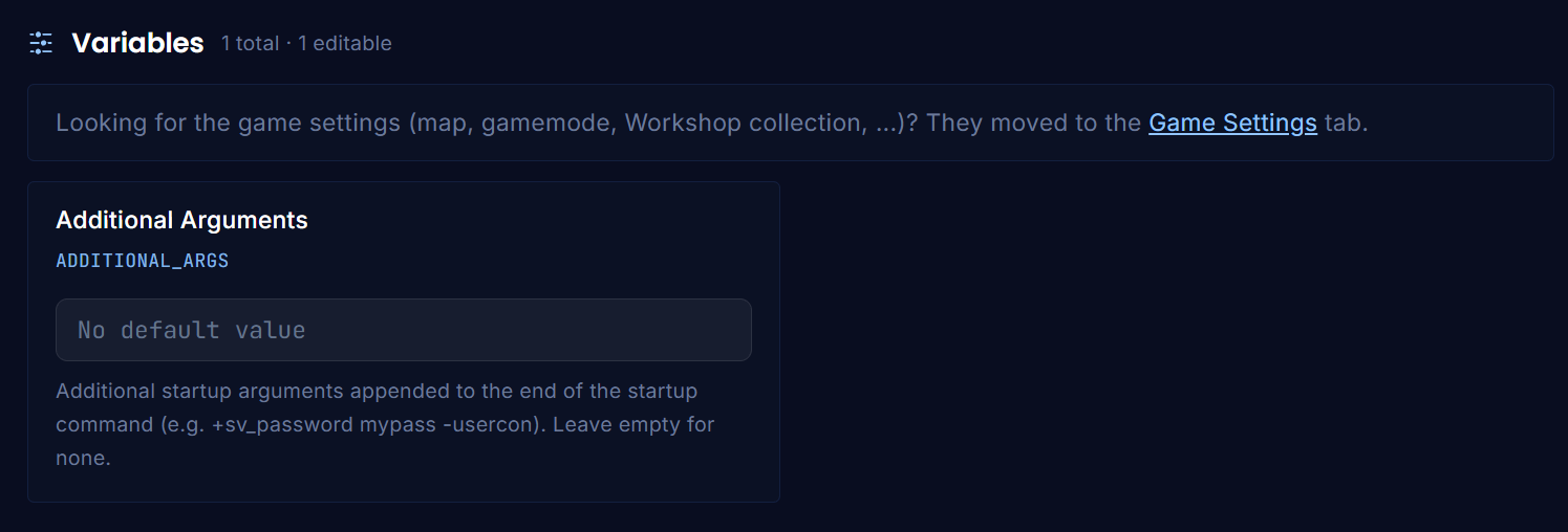 The Additional Arguments field on the Startup page