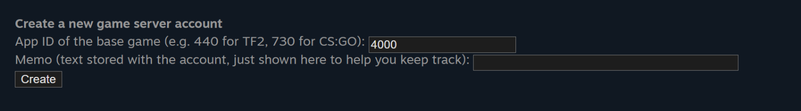 The Create a new game server account form on Steam